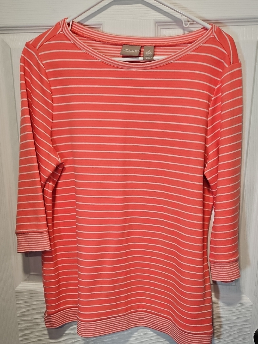 Chico's Coral & White Striped Boatneck 3/4 Sleeve Knit Top